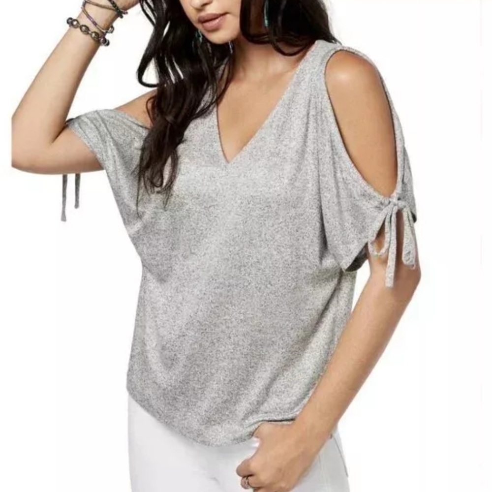 Lucky Brand V Neck Cold Shoulder with Tie Sleeves Top